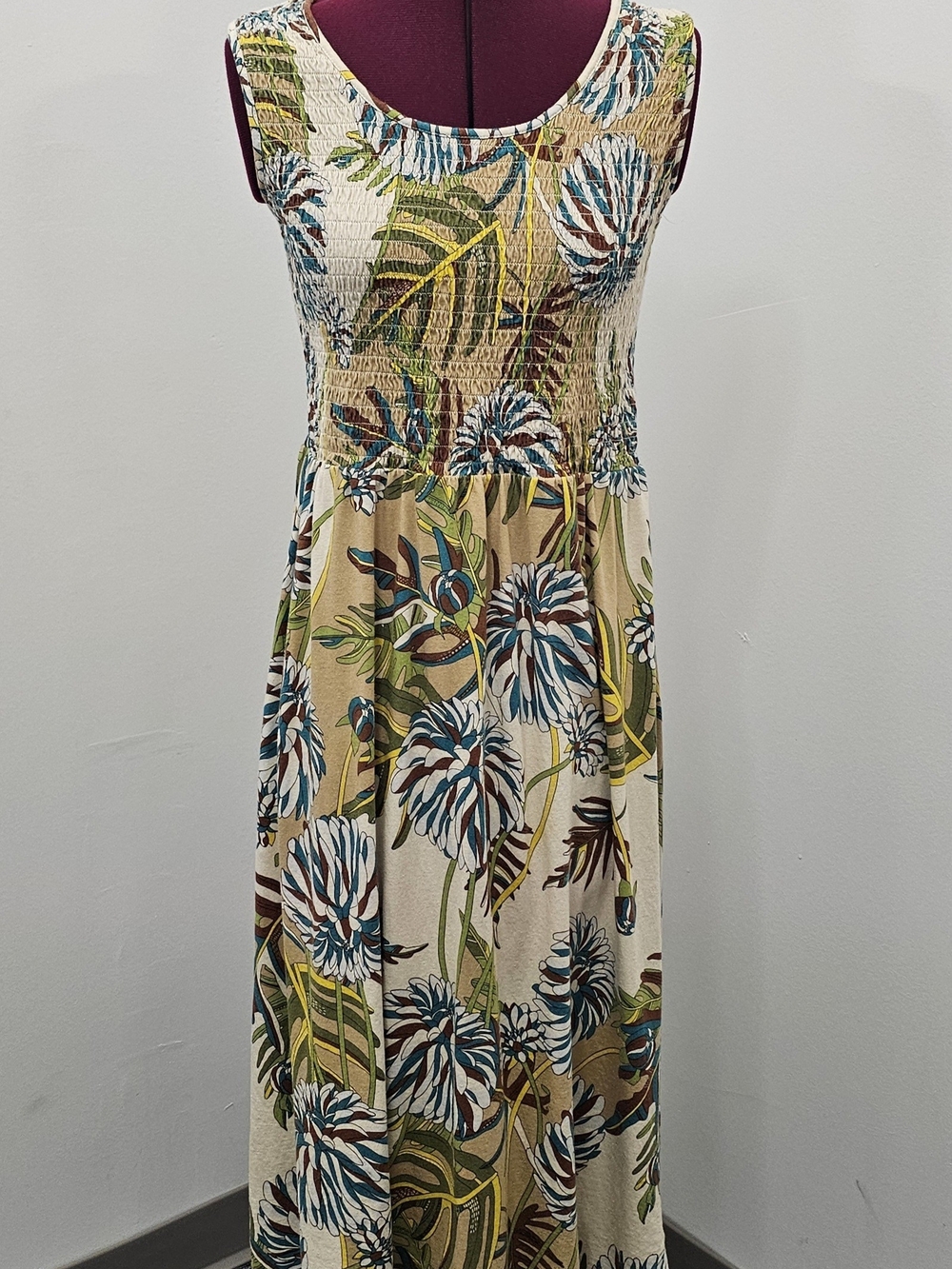 croft & barrow Beige Floral Maxi Dress with Teal and Yellow Accents
